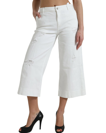 Dolce & Gabbana White Cotton Cropped Wide Leg Denim Jeans