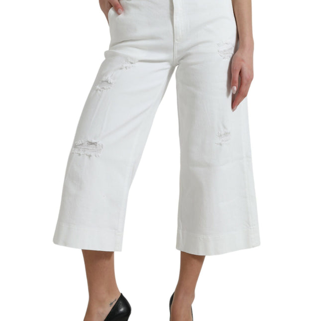 Dolce & Gabbana White Cotton Cropped Wide Leg Denim Jeans