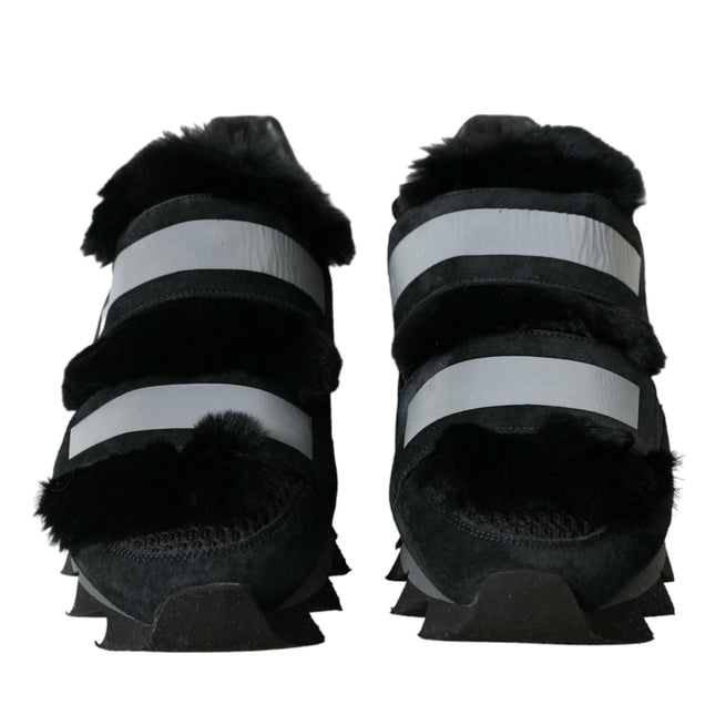 Dolce & Gabbana Black Fur Embellished Suede Sneakers Shoes