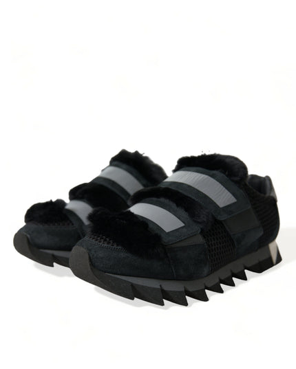 Dolce & Gabbana Black Fur Embellished Suede Sneakers Shoes