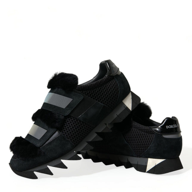 Dolce & Gabbana Black Fur Embellished Suede Sneakers Shoes