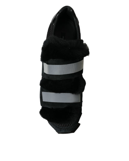 Dolce & Gabbana Black Fur Embellished Suede Sneakers Shoes