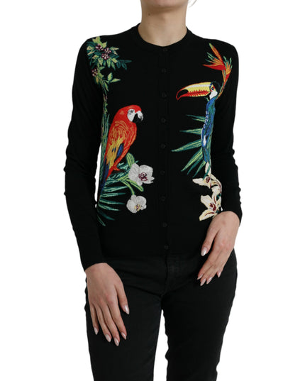 Dolce & Gabbana Black Bird Wool Long Sleeve Cardigan Sweater