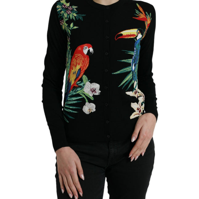 Dolce & Gabbana Black Bird Wool Long Sleeve Cardigan Sweater