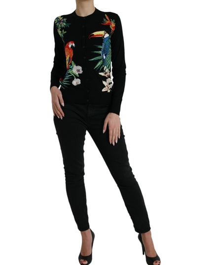 Dolce & Gabbana Black Bird Wool Long Sleeve Cardigan Sweater