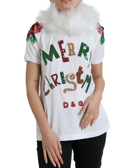 Dolce & Gabbana White Cotton Christmas Sequin Fur T-shirt