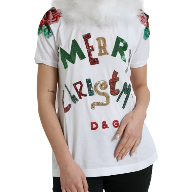 Dolce & Gabbana White Cotton Christmas Sequin Fur T-shirt