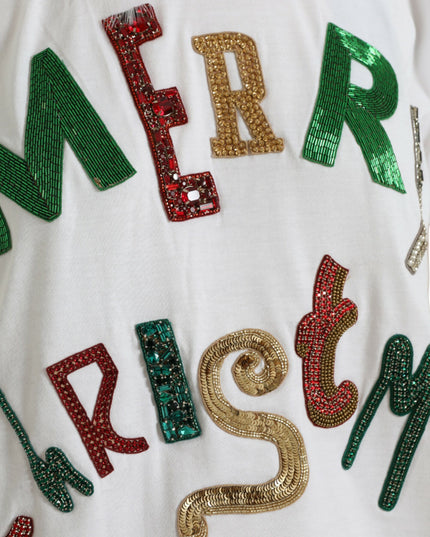 Dolce & Gabbana White Cotton Christmas Sequin Fur T-shirt