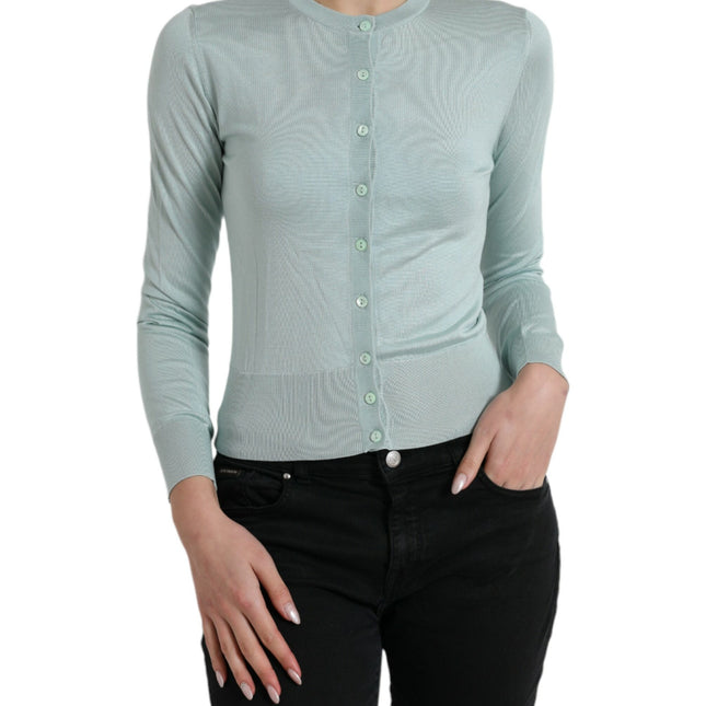 Dolce & Gabbana Light Blue Silk Crew Neck Cardigan Sweater