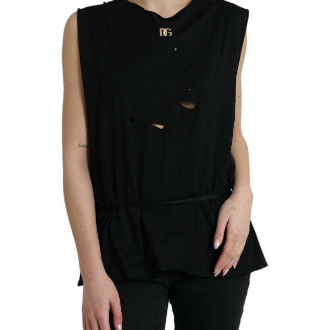 Dolce & Gabbana Black Cotton Lace Up Logo Round Neck Tank Top