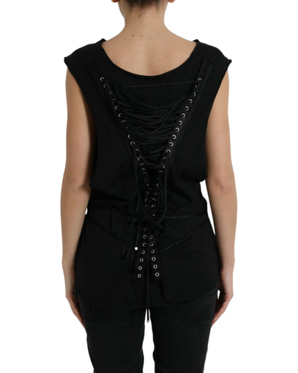 Dolce & Gabbana Black Cotton Lace Up Logo Round Neck Tank Top