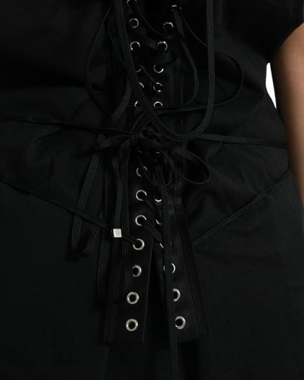 Dolce & Gabbana Black Cotton Lace Up Logo Round Neck Tank Top