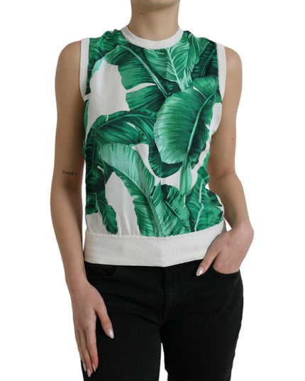 Dolce & Gabbana White Banana Leaf Print Crew Neck Tank Top