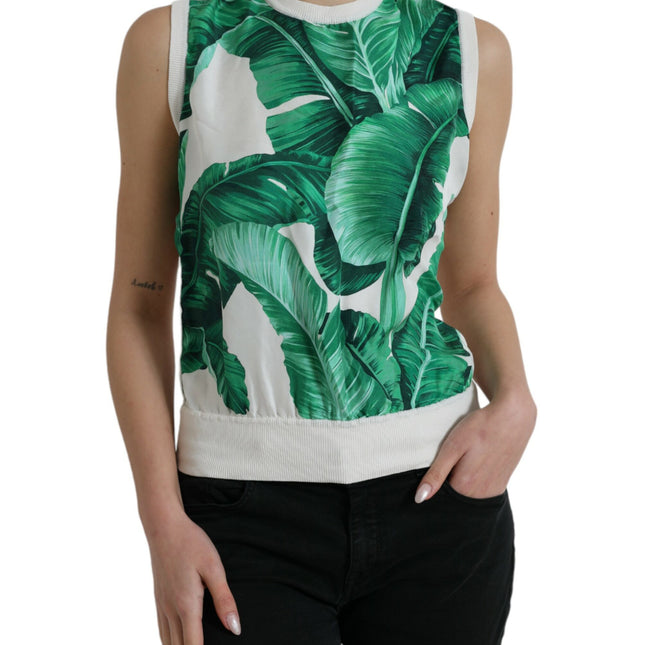 Dolce & Gabbana White Banana Leaf Print Crew Neck Tank Top