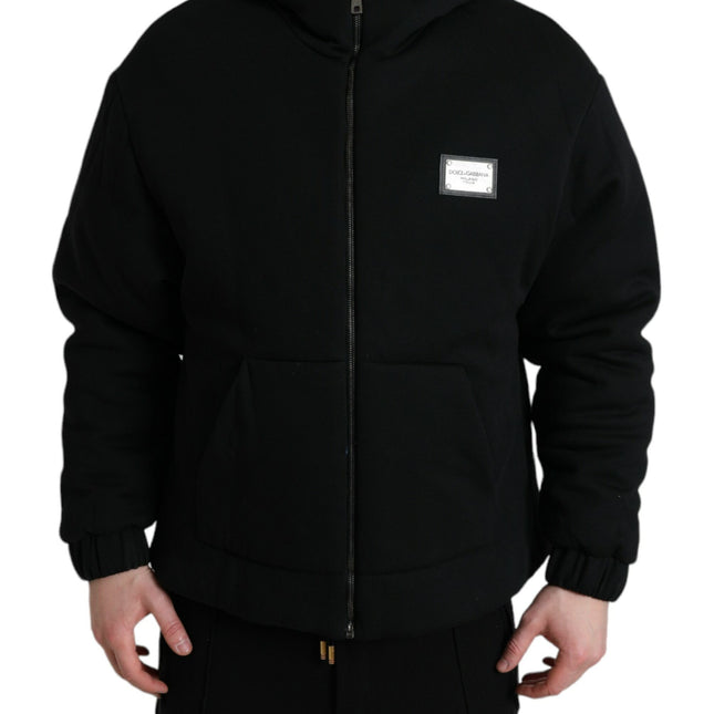 Dolce & Gabbana Black Cotton Hooded Logo Bomber Jacket