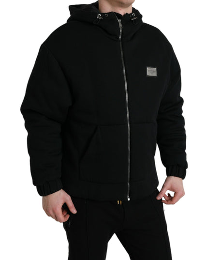 Dolce & Gabbana Black Cotton Hooded Logo Bomber Jacket