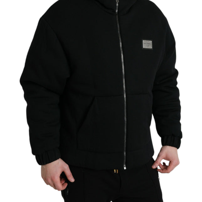 Dolce & Gabbana Black Cotton Hooded Logo Bomber Jacket