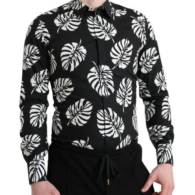 Dolce & Gabbana Black Leaf Cotton Men Formal GOLD Dress Shirt