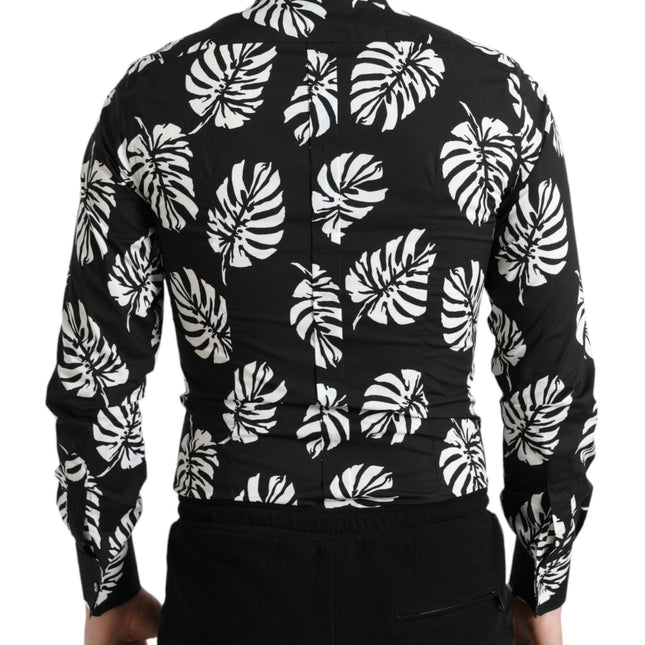Dolce & Gabbana Black Leaf Cotton Men Formal GOLD Dress Shirt