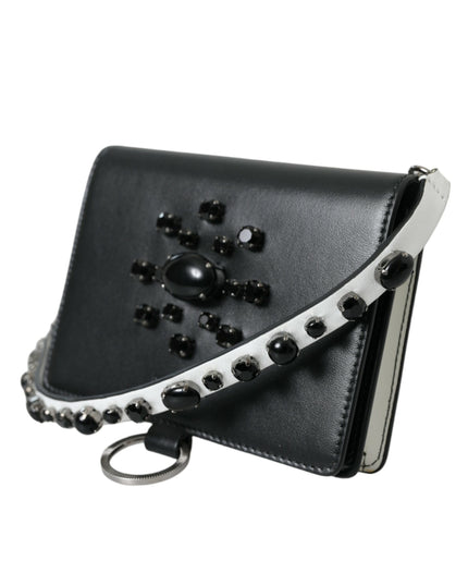Dolce & Gabbana Black White Leather Crystal Embellished Cardholder Wallet