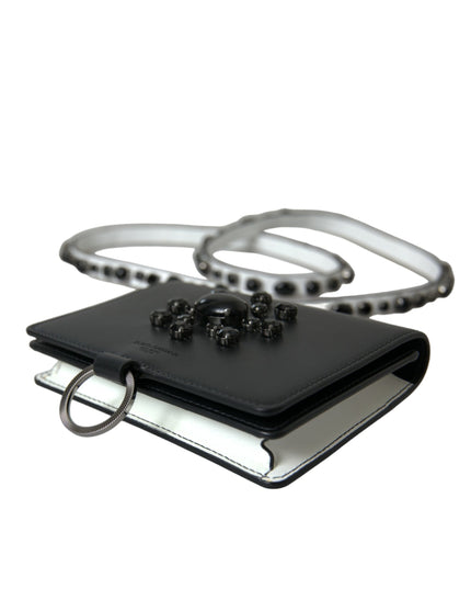 Dolce & Gabbana Black White Leather Crystal Embellished Cardholder Wallet