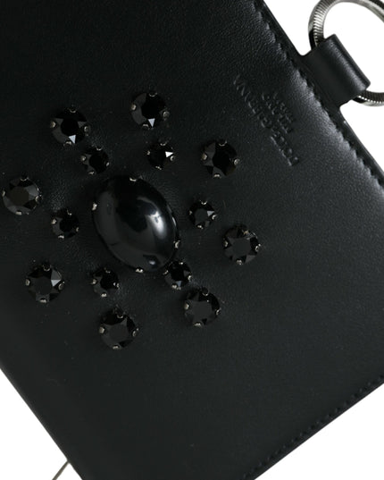 Dolce & Gabbana Black White Leather Crystal Embellished Cardholder Wallet