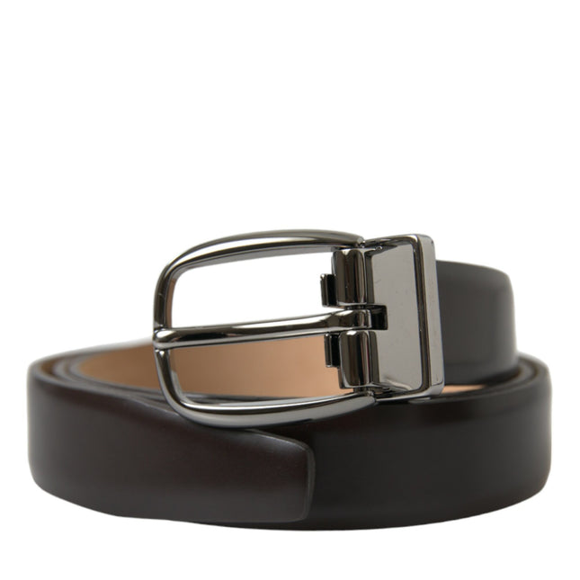 Dolce & Gabbana Dark Brown Leather Silver Metal Buckle Belt