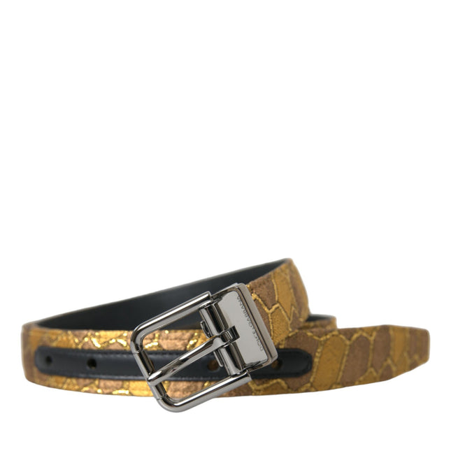 Dolce & Gabbana Gold Leather Jacquard Silver Metal Buckle Belt