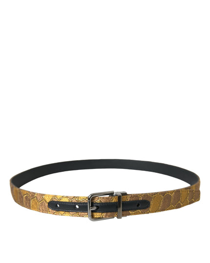 Dolce & Gabbana Gold Leather Jacquard Silver Metal Buckle Belt