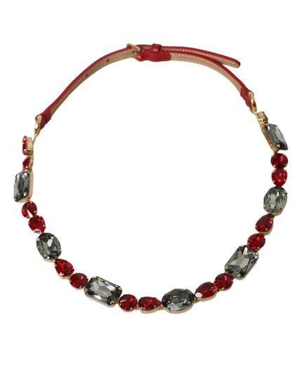 Dolce & Gabbana Red Leather Crystal Chain Waist Belt