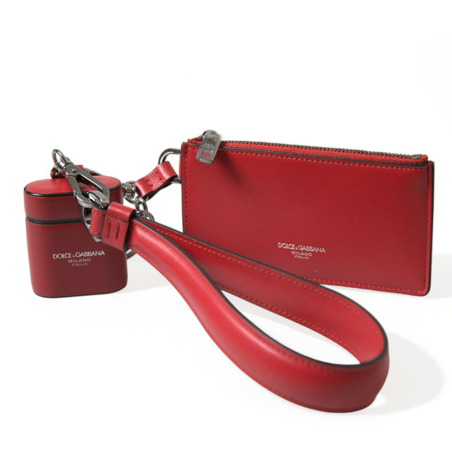 Dolce & Gabbana Red Leather Silver Metal Logo Strap Pouch Airpods Case