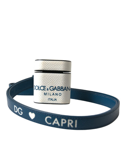 Dolce & Gabbana White Blue Calf Leather Logo Print Strap Airpods Case