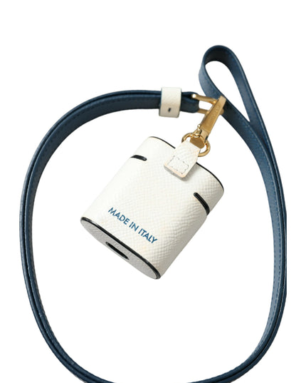 Dolce & Gabbana White Blue Calf Leather Logo Print Strap Airpods Case