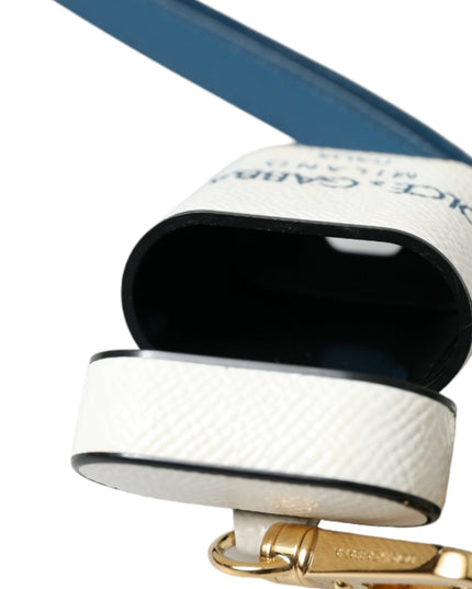 Dolce & Gabbana White Blue Calf Leather Logo Print Strap Airpods Case