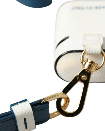 Dolce & Gabbana White Blue Calf Leather Logo Print Strap Airpods Case