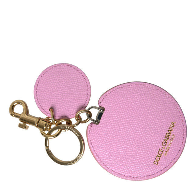 Dolce & Gabbana Pink Calf Leather Gold Metal Logo Print Keyring Keychain