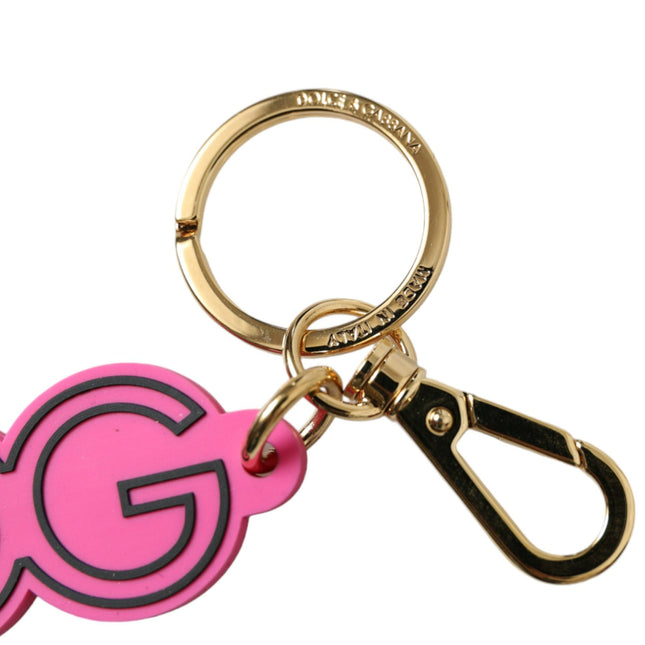 Dolce & Gabbana Pink Rubber Gold Tone Metal DG Logo Keyring Keychain