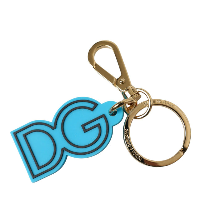Dolce & Gabbana Blue Rubber Gold Tone Metal DG Logo Keyring Keychain