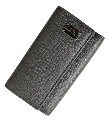 Dolce & Gabbana Gray Leather Silver Metal Logo Plaque Trifold Keyring