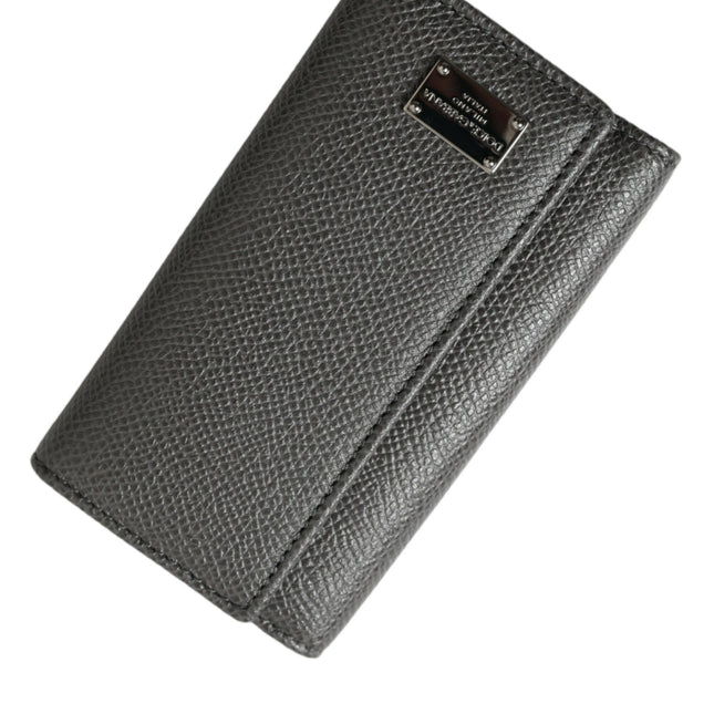 Dolce & Gabbana Gray Leather Silver Metal Logo Plaque Trifold Keyring