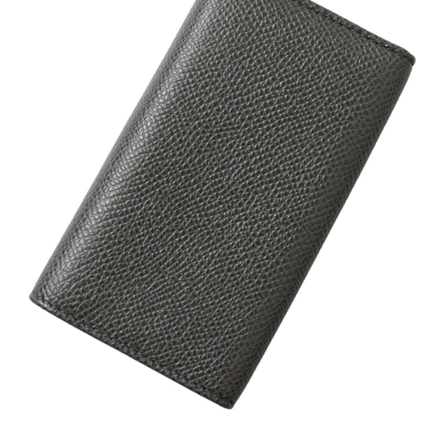 Dolce & Gabbana Gray Leather Silver Metal Logo Plaque Trifold Keyring
