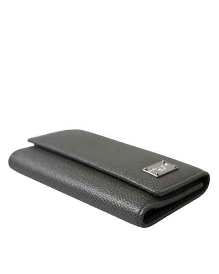 Dolce & Gabbana Gray Leather Silver Metal Logo Plaque Trifold Keyring