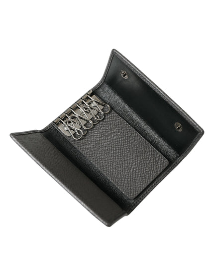 Dolce & Gabbana Gray Leather Silver Metal Logo Plaque Trifold Keyring