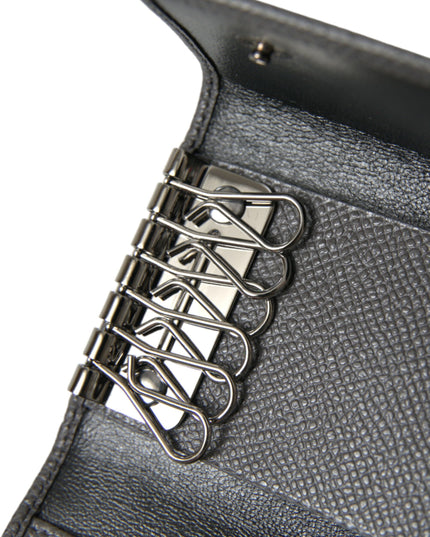 Dolce & Gabbana Gray Leather Silver Metal Logo Plaque Trifold Keyring