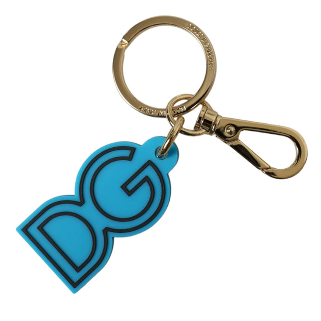 Dolce & Gabbana Blue Rubber Gold Tone Metal DG Logo Keyring Keychain