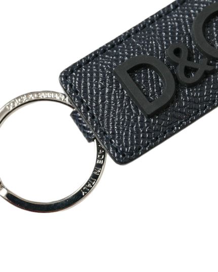 Dolce & Gabbana Black Calf Leather DG Logo Silver Brass Keyring Keychain