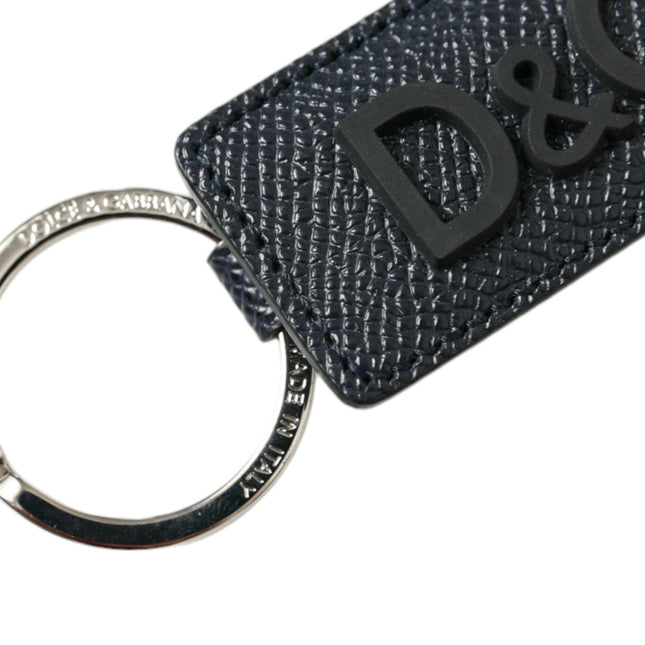 Dolce & Gabbana Black Calf Leather DG Logo Silver Brass Keyring Keychain