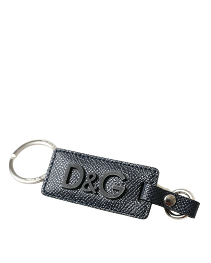 Dolce & Gabbana Black Calf Leather DG Logo Silver Brass Keyring Keychain