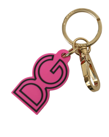 Dolce & Gabbana Pink Rubber Gold Tone Metal DG Logo Keyring Keychain