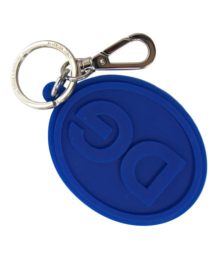 Dolce & Gabbana Blue Rubber DG Logo Silver Brass Metal Keyring Keychain